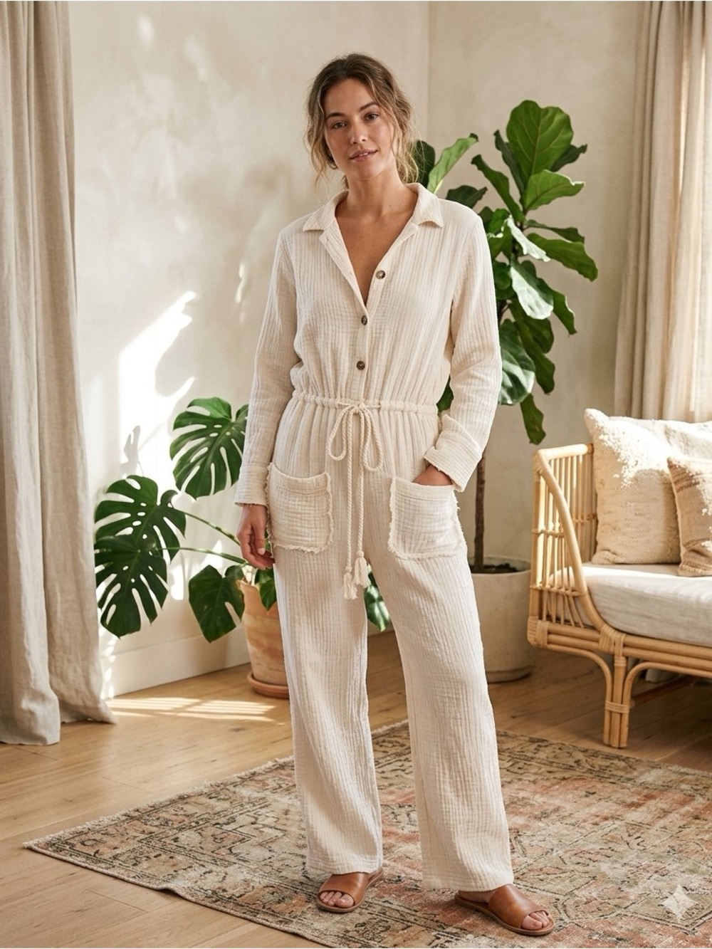 Jen's Pirate Booty Cream Button-Front Long Sleeve Drawstring Jumpsuit